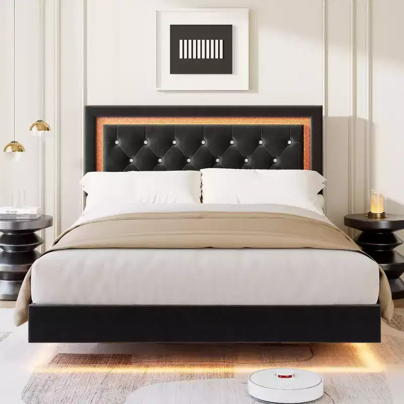 Floating Bed Frame with Smart LED Lights, Upholstered Diamond Headboard, No Box Spring Needed
