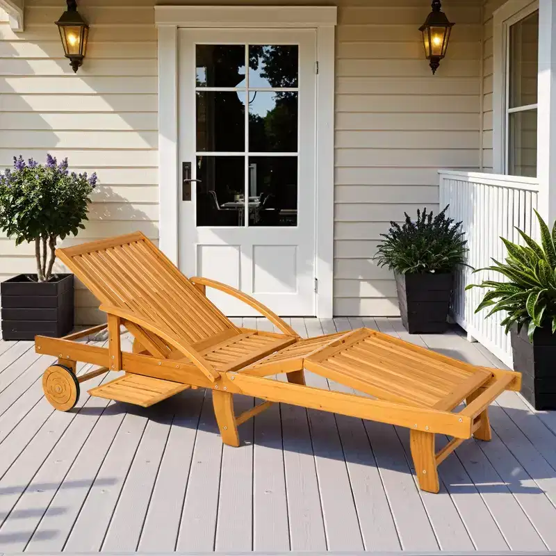 Folding Lounge Chair, 4-Level Adjustable Tanning Chair with Wheels, Acacia Wood Patio Lounger for Beach