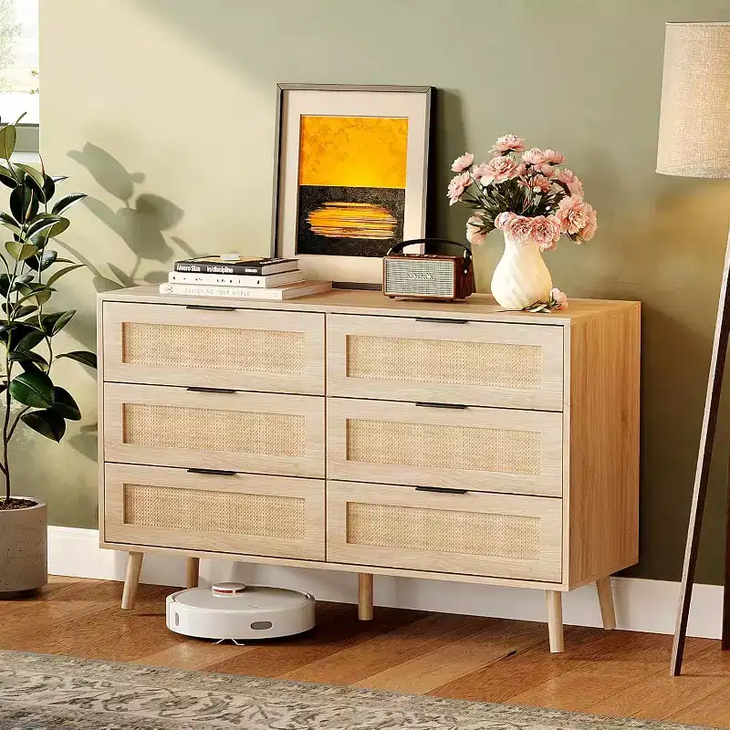 VINGIL 6 Drawer Rattan Dresser, Rattan Chest of Dressers, Modern Wooden Dresser Chest of Drawers