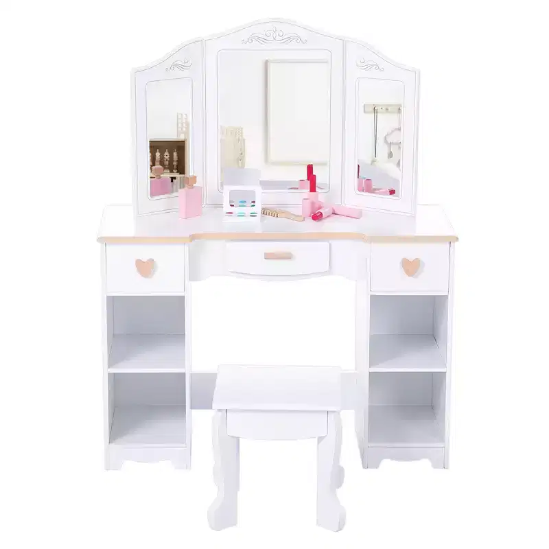 Kids Vanity, Princess Makeup Desk and Chair Set with Mirror Drawer Storage Shelves, Wooden Dressing Table, Pretend Play Vanity Set for Girls