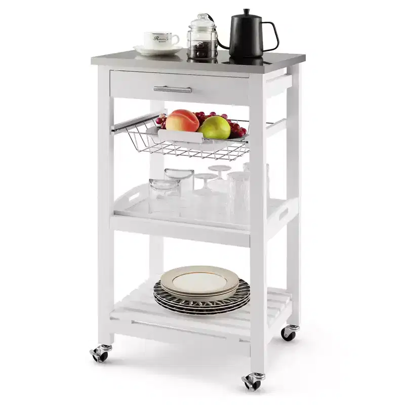 Costway Compact Kitchen Island Cart Rolling Service Trolley with Stainless Steel Top Basket