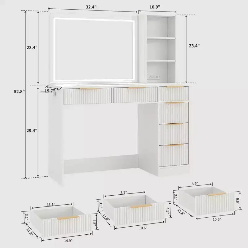 52 Fluted Makeup Vanity Desk with Mirror, Glass Top Dressing Table, 6 Drawers, Open Shelves, and Hairdryer Stand for Bedroom