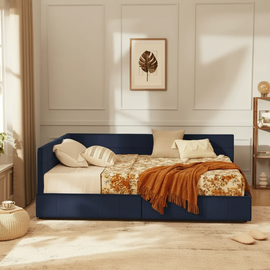Full Size Storage Upholstered Daybed with Backrest and Armrests for Bedroom Living Room – Dark Blue