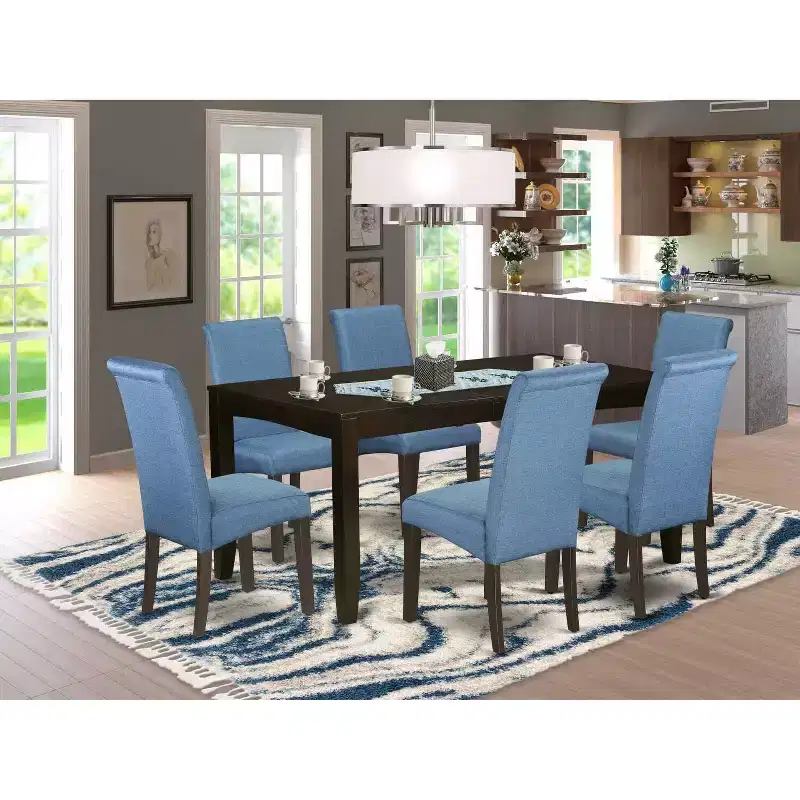 Kitchen Table Set 7Pc Dining Table with Fabric Chairs Linen Blue Cappuccino Legs
