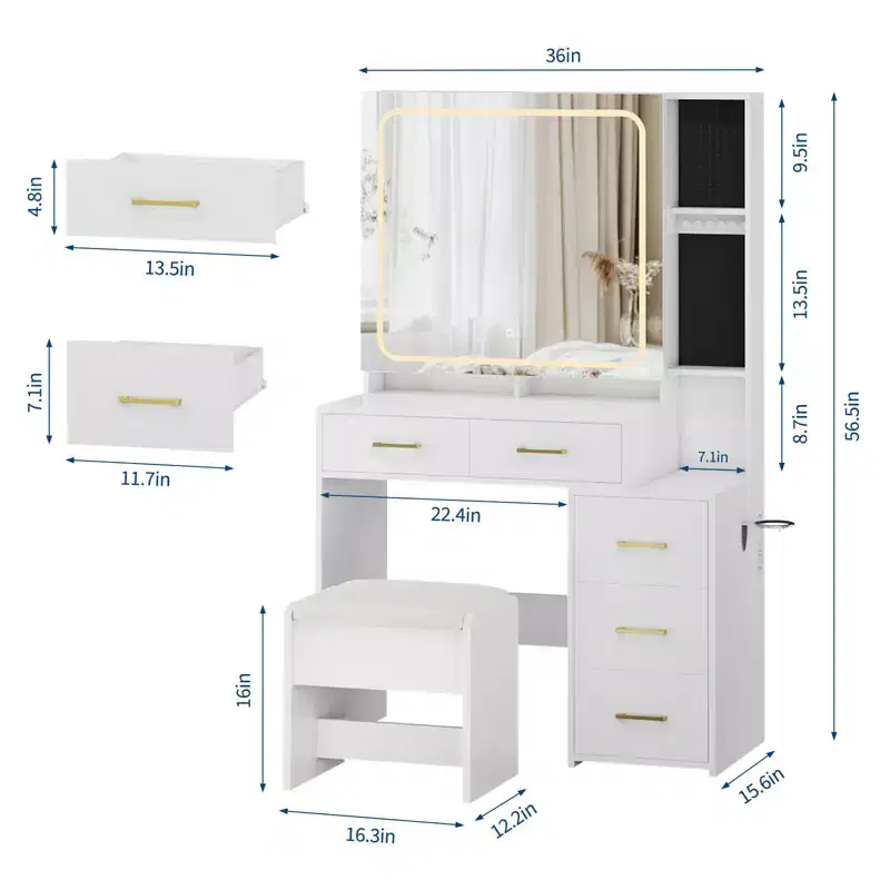Sturdy Particle Board Vanity Desk Set - Stylish Dressing Table with Illuminated Smart Mirror, USB Socket & Ample Jewelry Storage Space