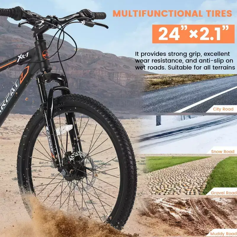 NAYSAYE 24 Inch Mountain Bike 21 Speed Dual Disc Brakes Steel Frame Bikes for Adults for Outdoor Adventure, Black and Orange, 56.3*7.88*28.35