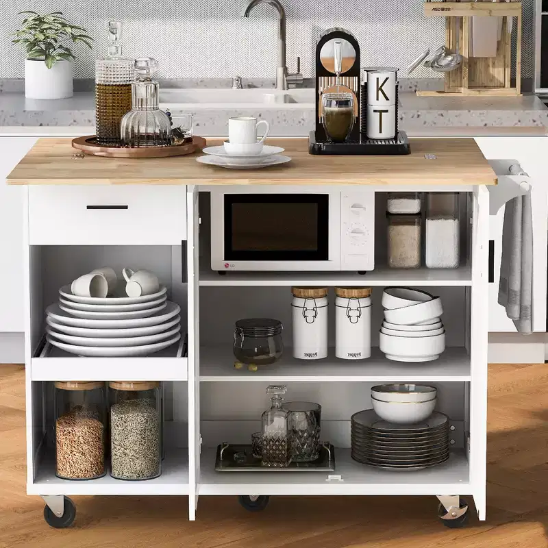 Kitchen Island with Foldable Counter Top Kitchen Storage Cart with Slide Out Shelf Towel Rack And Drawer Rolling Kitchen Cart on Wheels White