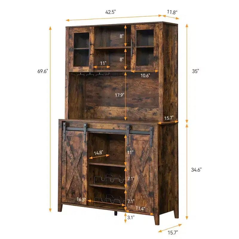 70'' Tall Farmhouse Coffee Bar Cabinet, Wine Bar Cabinet With Sliding Barn Doors, Storage Shelves, Wine Rack, And Hutch For Kitchen Or Dining Room
