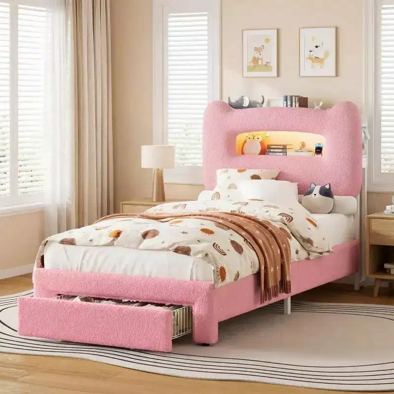 Twin Size Kids Bed Frame with LED Lights, Storage Headboard & Drawer, Pink
