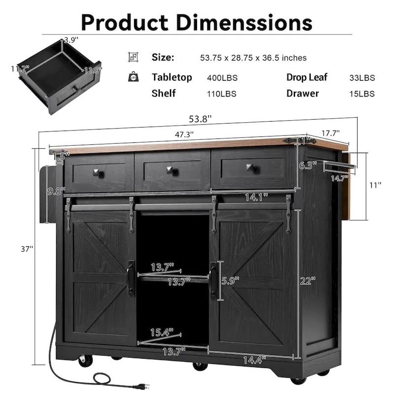 Kitchen Island with Power Outlet and Drop Leaf tabletop by Harper&Bright Designs
