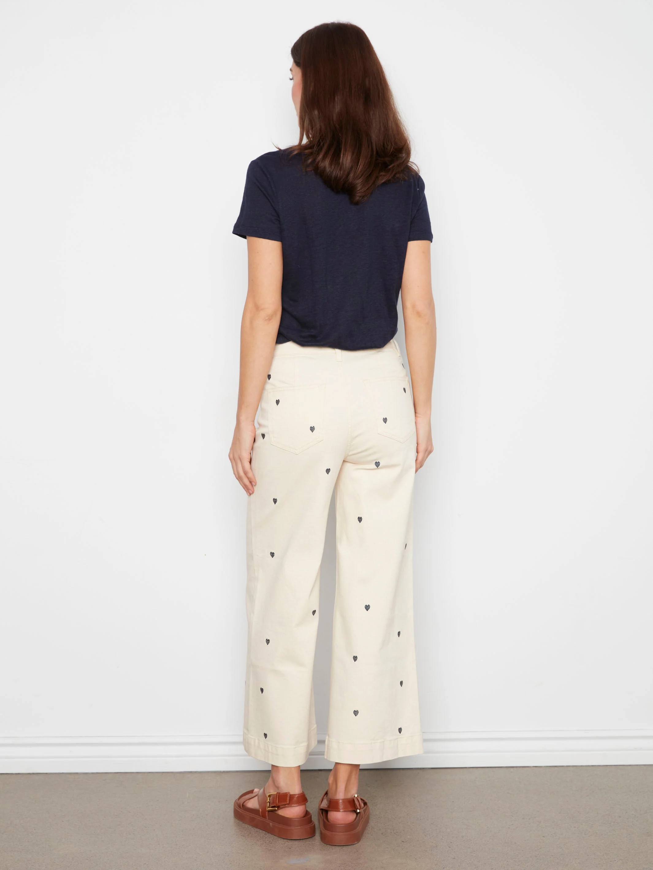 Embroidered Cropped Patch Pocket Flare Twill Pants - Natural