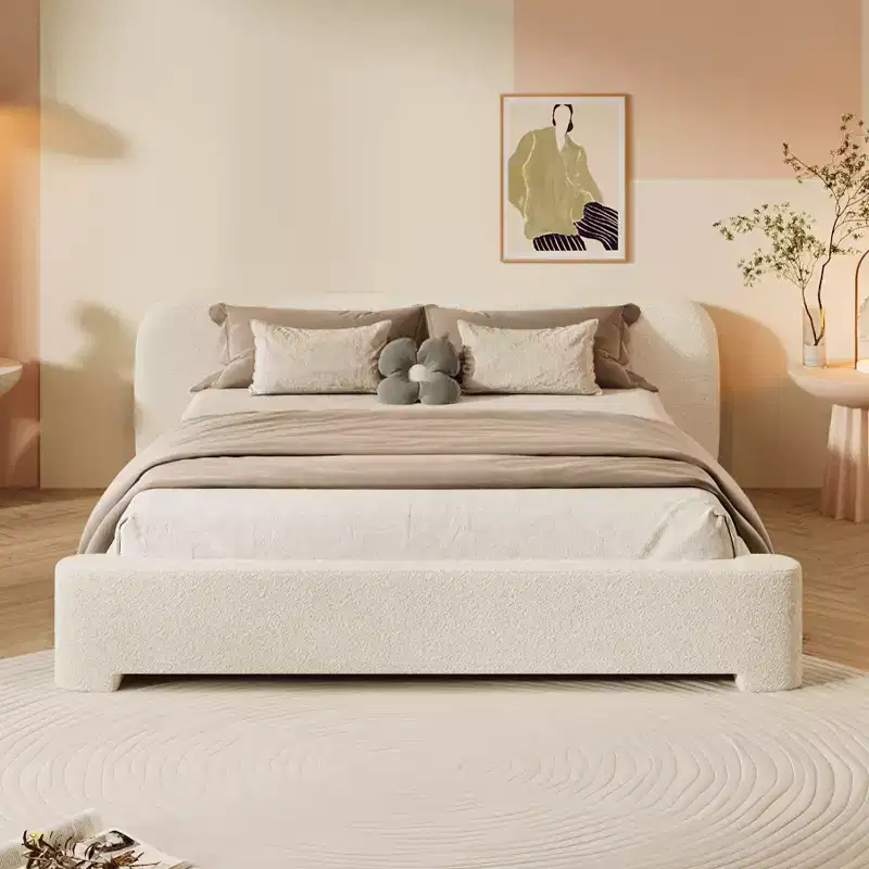 Elegant Platform Bed, Boucle Fabric Upholstered Bed Frame with Soft Headboard, Full/Queen/King Size, White - ModernLuxe