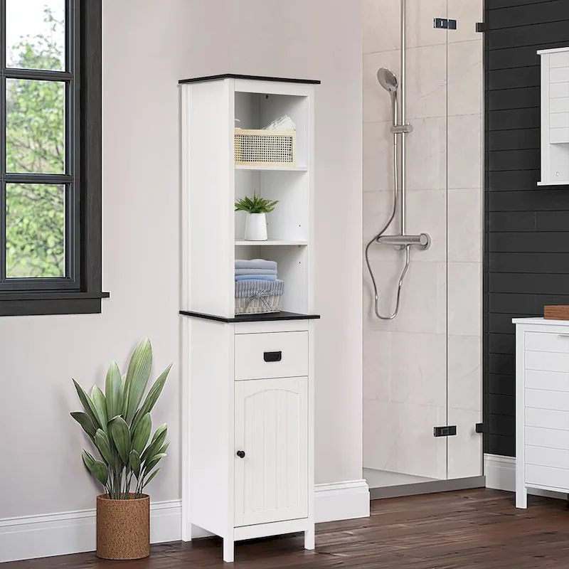 White and Black Wood Bathroom Tower Storage Linen Cabinet - 63 H x 15.75 W x 11.81 D