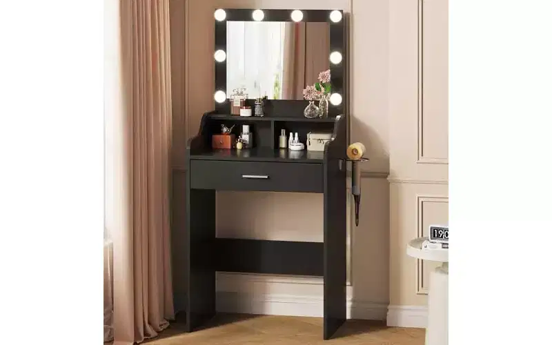 DEXYLLO Small Vanity Desk with Mirror and Lights, Makeup Vanity with Storage Drawer, Compact Vanity Table with 3 Color Lighting Modes, Black