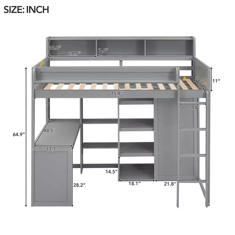 Twin Size Loft Bed with Storage Shelves and Wardrobe, Wood Loft Bed with Built-in Desk and Staircase for Kids Teens Adults