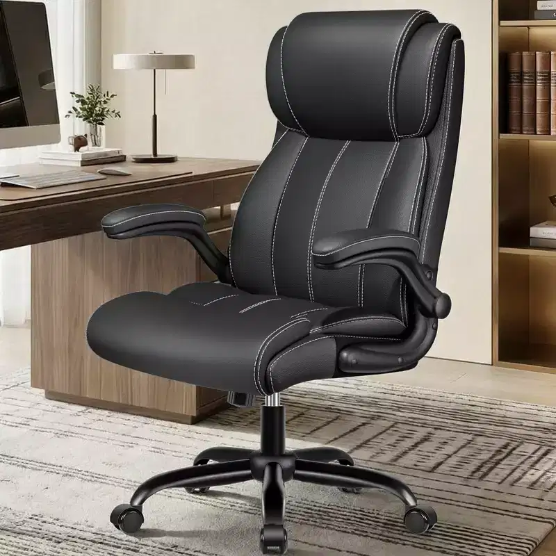 Black / Brown / Light Gray High-Back Leather Office Chair – Flip-Up Arms, 1-Person