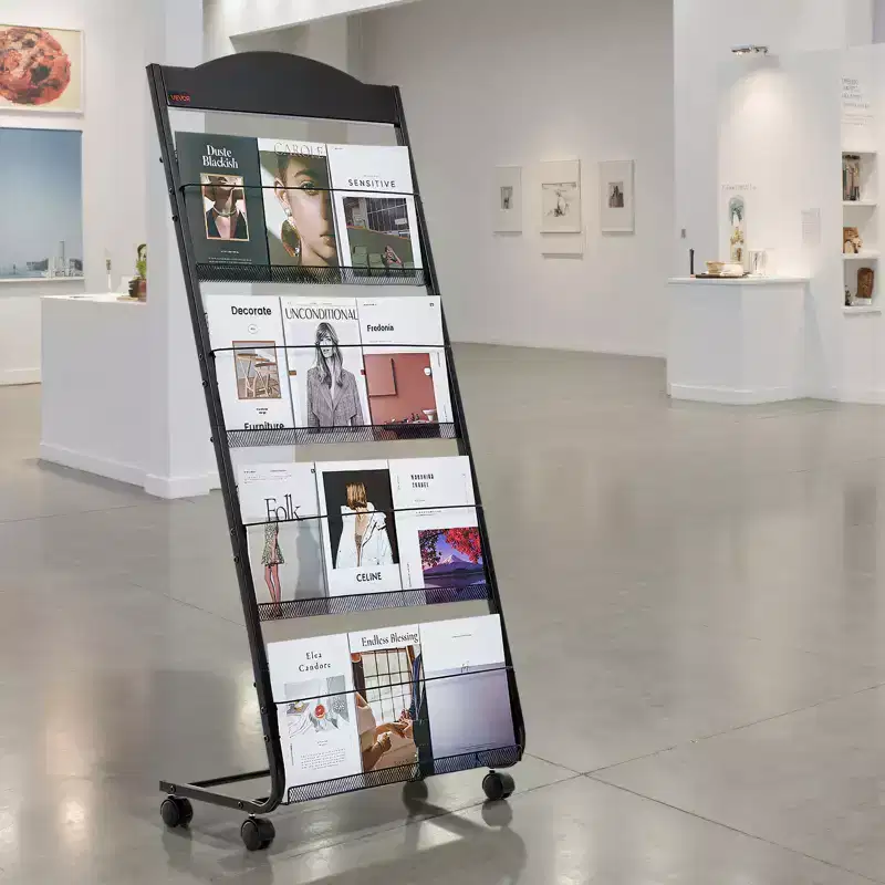 Brochure Display Rack, 4-Tier Magazine Literature Display Stand with Wheels, Movable Floor Standing Magazine Rack, Black
