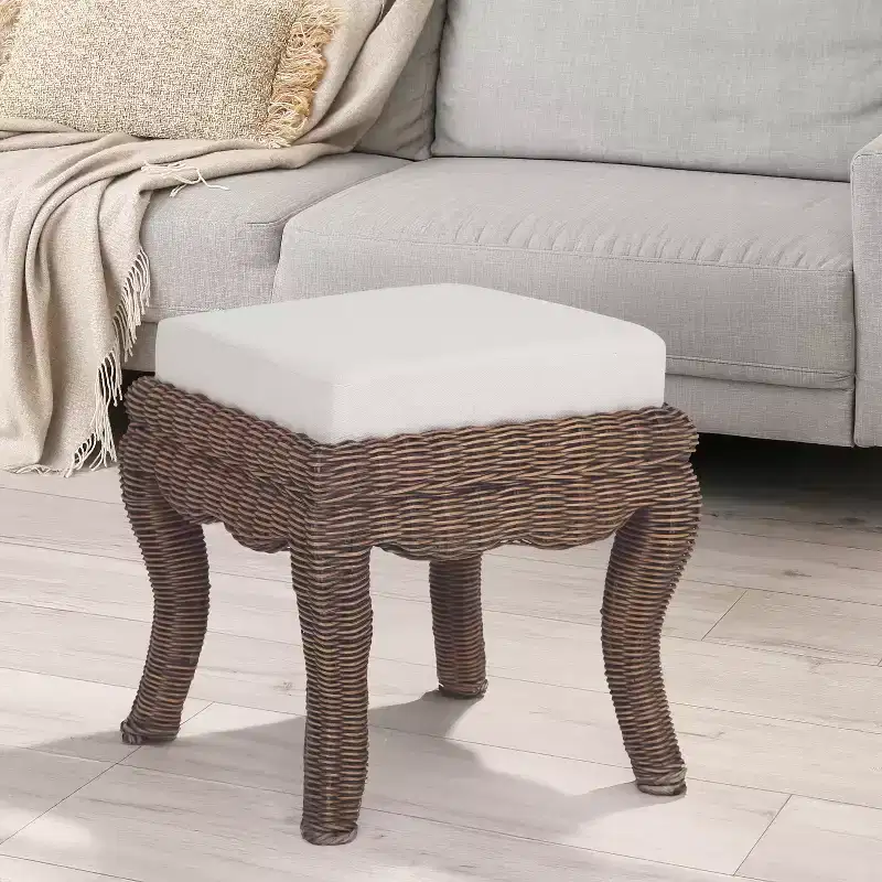 19.7 Bohemian Designer Woven Rattan/Wood Ottoman Vanity Stool, White Cushion Seat