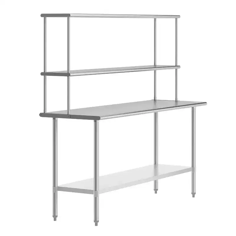 Flash Furniture Rawcliffe Portable Prep and Work Table with 18 Gauge Stainless Steel Top Shelf and Double Overshelves and Galvanized Steel Undershelf