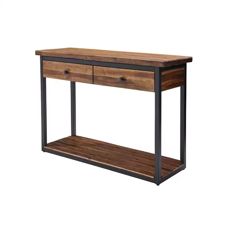 Claremont Rustic Wood Console Table with Two Drawers and Low Shelf Dark Brown - Alaterre Furniture: Industrial Style, Metal Frame, Entryway Storage