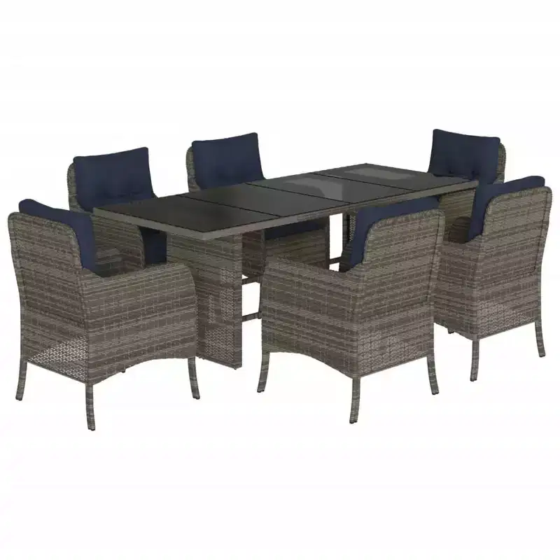 vidaXL 7-Piece Patio Dining Set - Outdoor Gray Poly Rattan Garden Chairs with Navy Cushions, Tempered Glass Tabletop