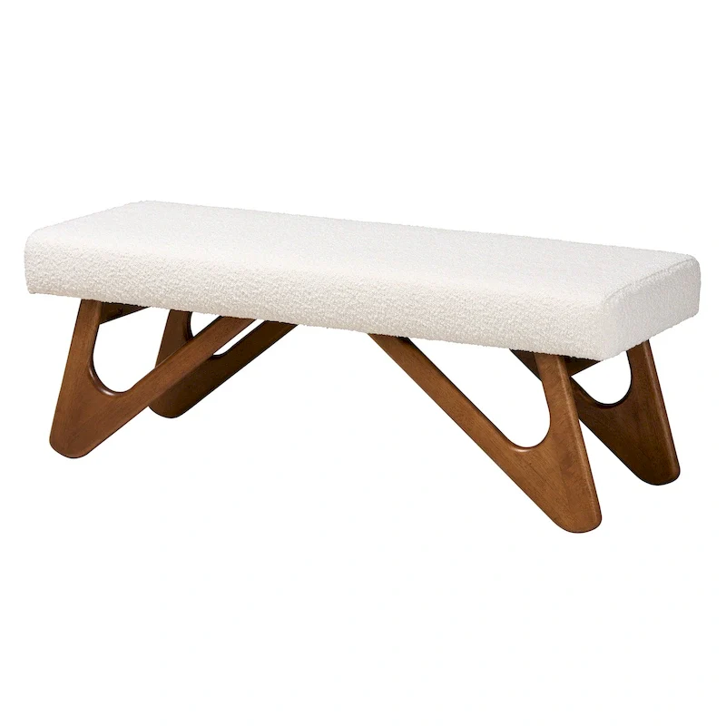 Cream Boucle Upholstered Bench with Boomerang Walnut Legs – Retro Minimalist