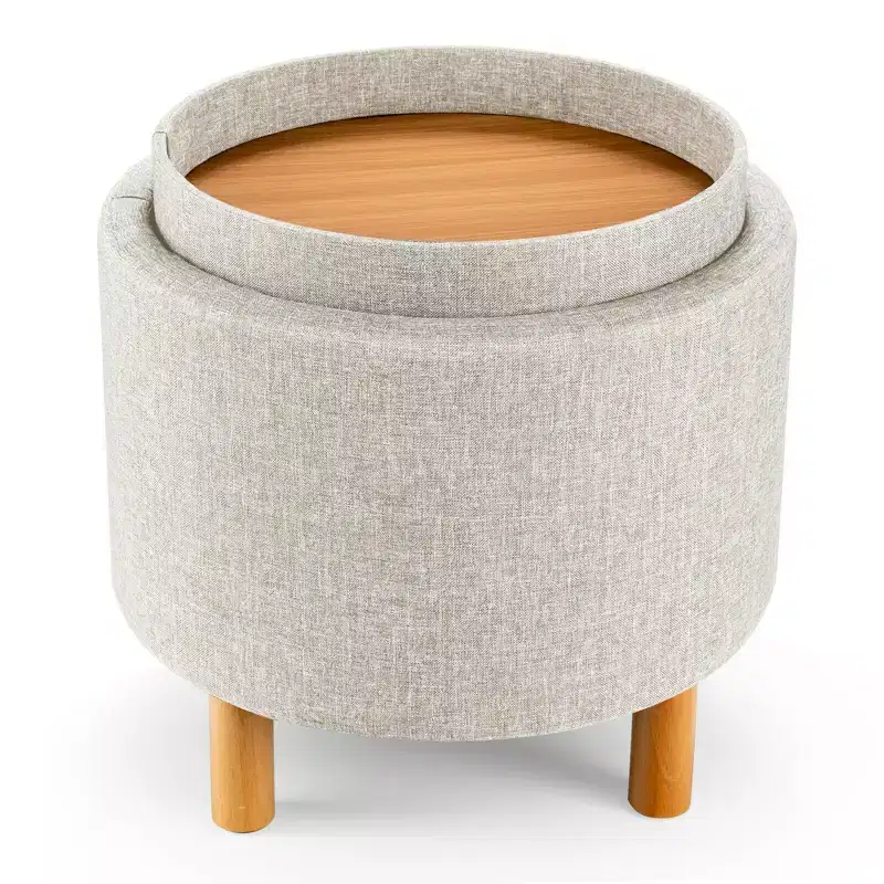Round Storage Ottoman with Tray Top, Padded Footrest with Wood Legs, Grey or Beige