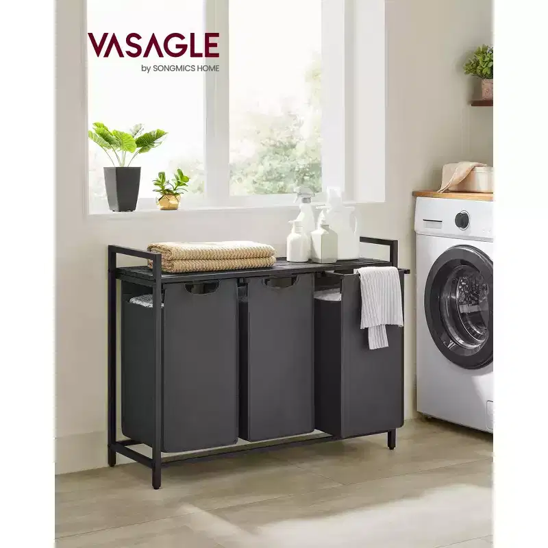 Laundry Hamper, Laundry Basket, Laundry Sorter with 3 Pull-Out and Removable Bags, Shelf, Metal Frame, 3 x 10 Gallons (38L)