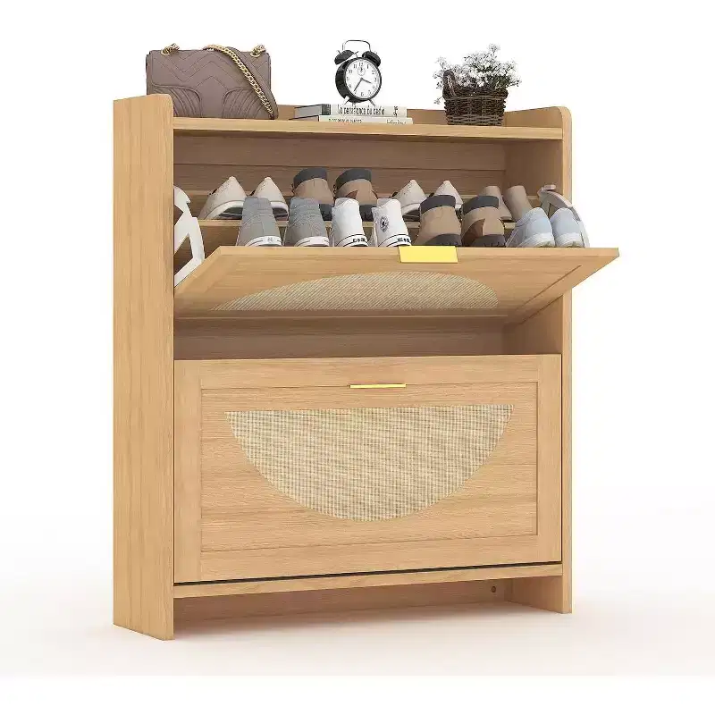 Rattan Shoe Cabinet with 2 or 4 Flip Drawers, Free Standing Wooden Shoe Storage Organizer Cabinet with Adjustable Shelves for Entryway,Hallway,Foyer