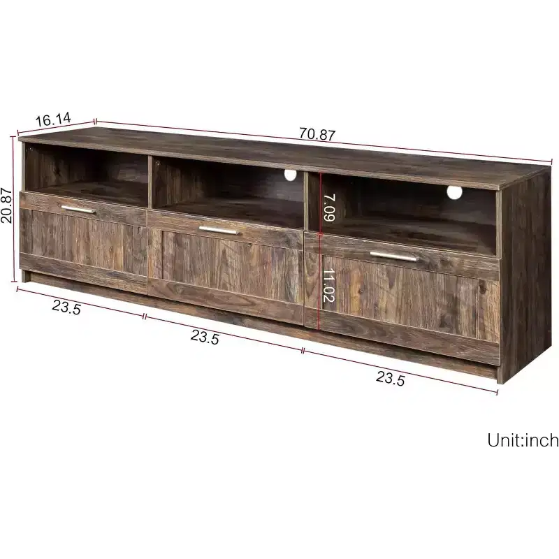 80 Inch Modern Minimalist TV Cabinet with 3 Open Storage Spaces 3 Drawers Entertainment Center for Living Room Bedroom Espresso