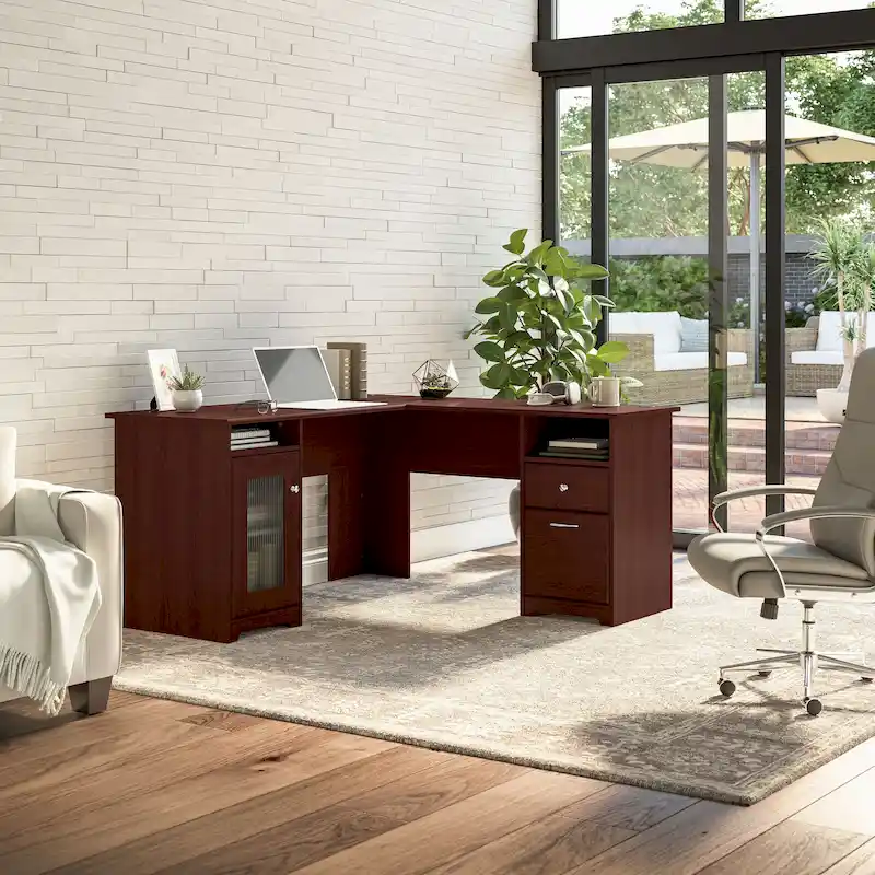 L-shaped computer desk with storage space.