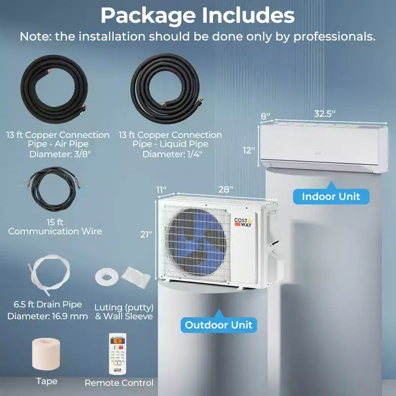 Costway 12000 BTU Mini Split Air Conditioner & Heater with 1 Ton Heat Pump Installation Kit
