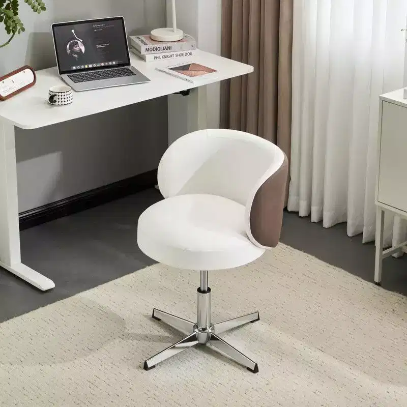 Modern PU Swivel Chair Armless No Wheel Adjustable Height Office Desk Chair With Back Support in White and Brown