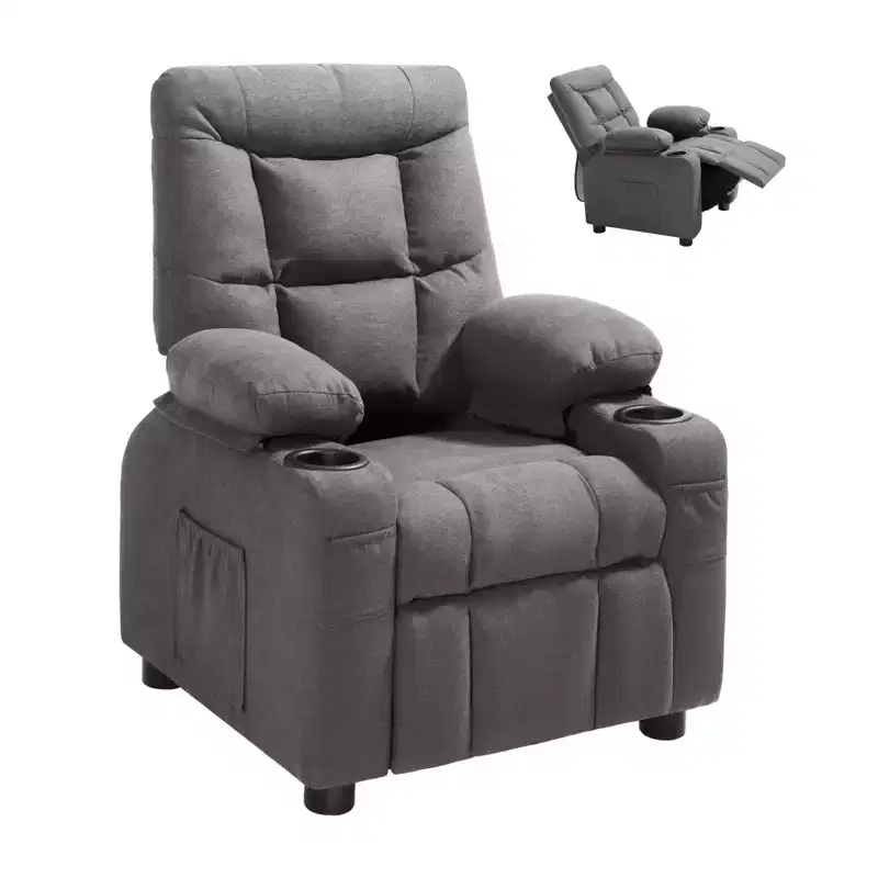 VEVOR Kids Reclining Chair, Toddler Recliner with Cup Holders and Pockets, 107 to 126 Adjustable Backrest, Breathable Polyester Fabric, Gray
