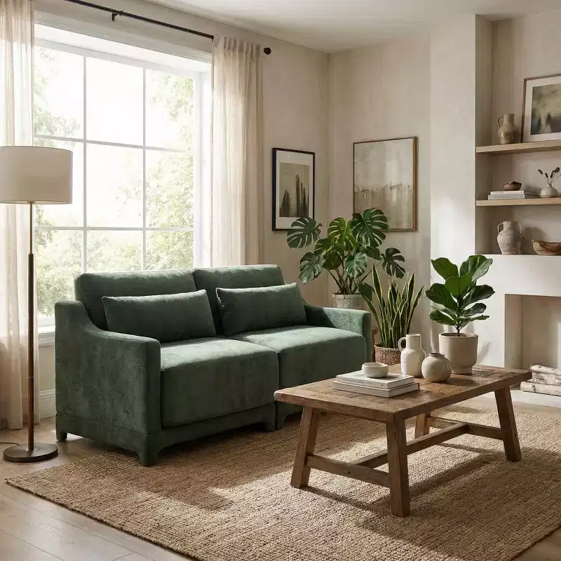 Homy Casa 2-Seater Chenille Sofa with Lumbar Pillows, Modern Upholstered Loveseat for Living Room, Green
