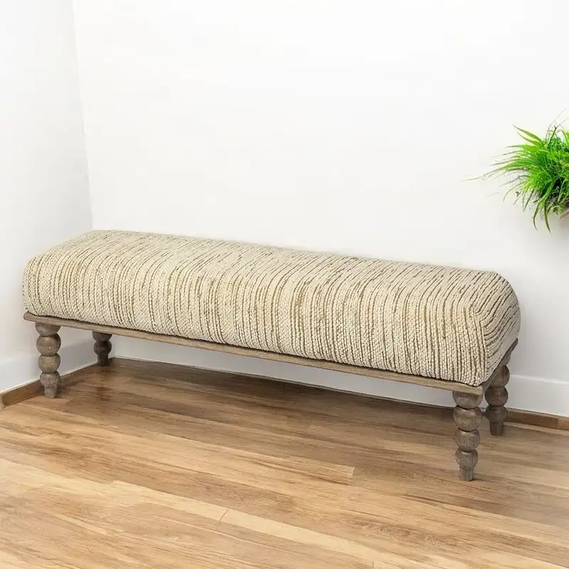 HomeRoots 55 Cream and Wood Brown Upholstered Polyester Blend Bench - 55