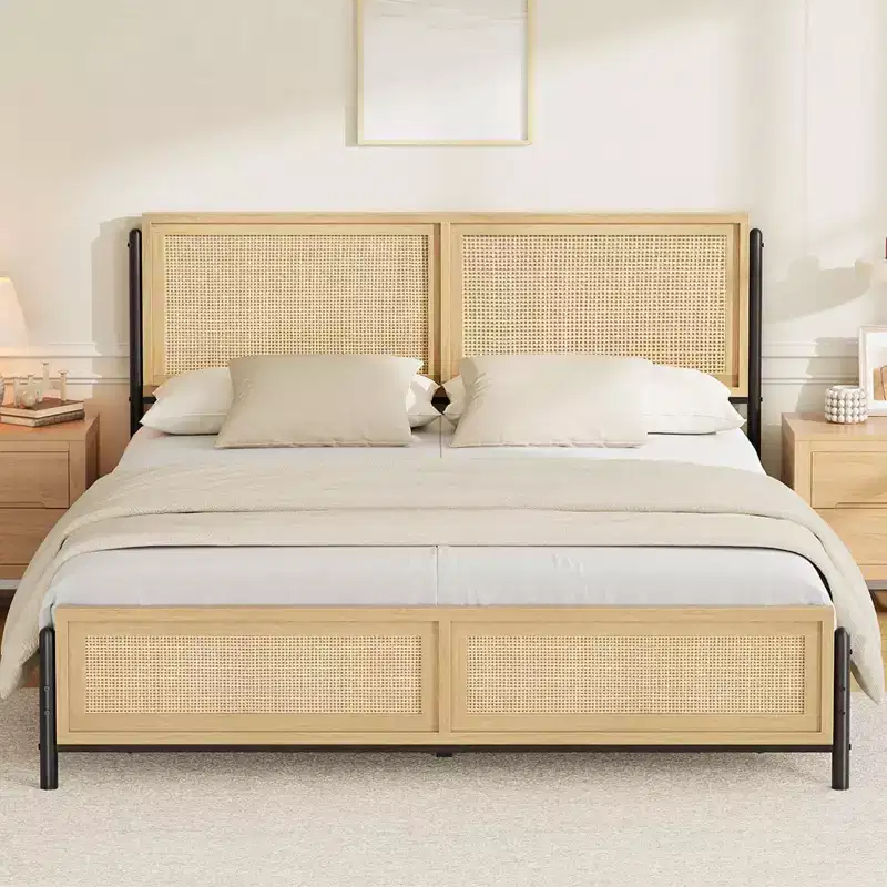 Queen Size Bed Frame with a Rattan Headboard and Footboard, Boho Queen Mattress Frame, No Need for a Box Spring, Noise-Free, Wooden Bed Frame