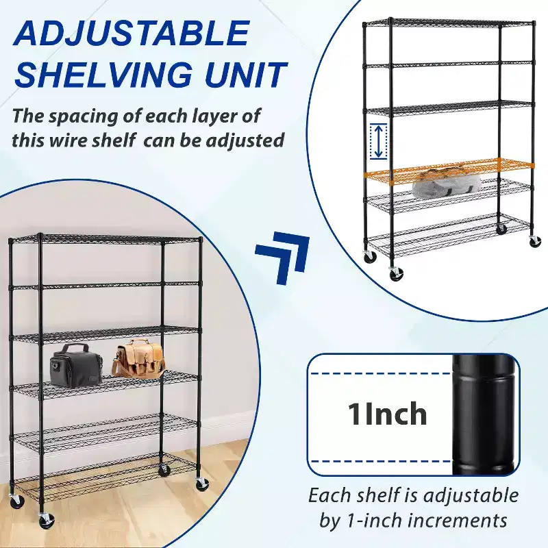 6-Tier Adjustable Metal Shelf Wire Shelving Unit Storage with Wheels Space-Saving Organization Solution for Garage Basement