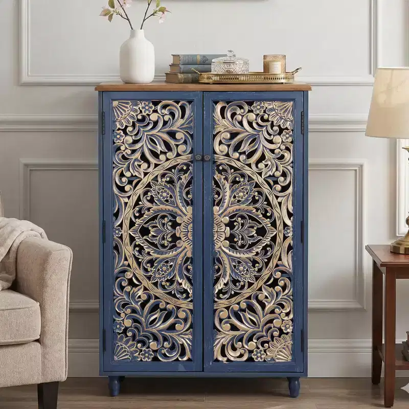 Bekrvio Tall Storage Cabinet with 3D Carved Hollow Pine Doors, Distressed Gold Finish, Adjustable Shelves, Boho Farmhouse Kitchen Buffet Cabinet, Blue