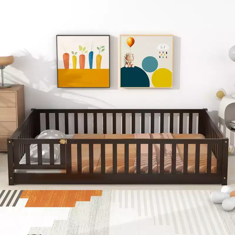 Bellemave Full Size Montessori Floor Bed with Fence & Door, Kids Low Wood Bed Frame with Guardrails, Solid Rubber Wood, Easy Assembly