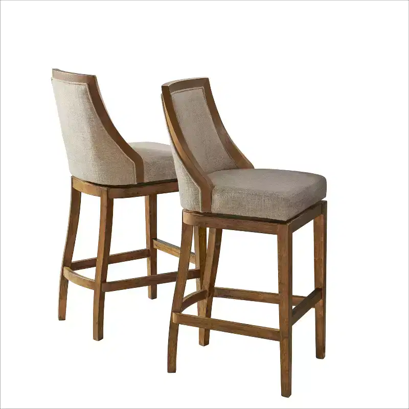 Set of 2 Bar Height Stools with Back, Rubberwood Frame, Upholstered Seat, 31