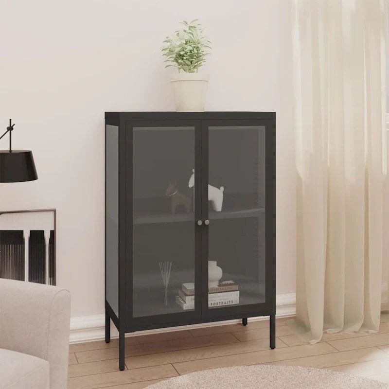 Steel and Glass Sideboard with Adjustable Shelf – Anthracite, 29.5