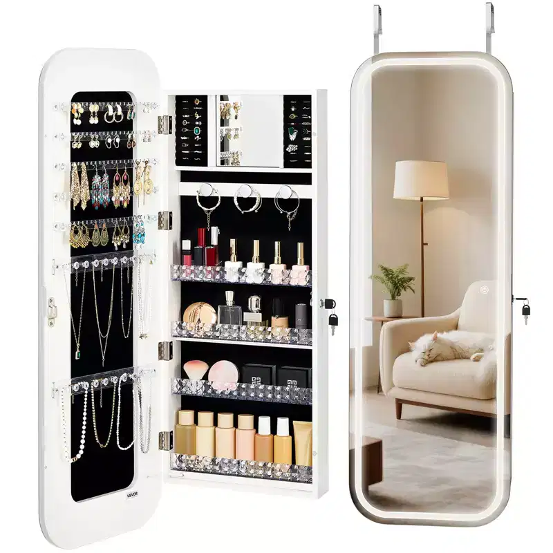 VEVOR LED Mirror Jewelry Cabinet,42.5-inch Tall, Full-Length Mirror with Storage, Wall Mount/Over the Door Jewelry Armoire Organizer with 2 Keys,White