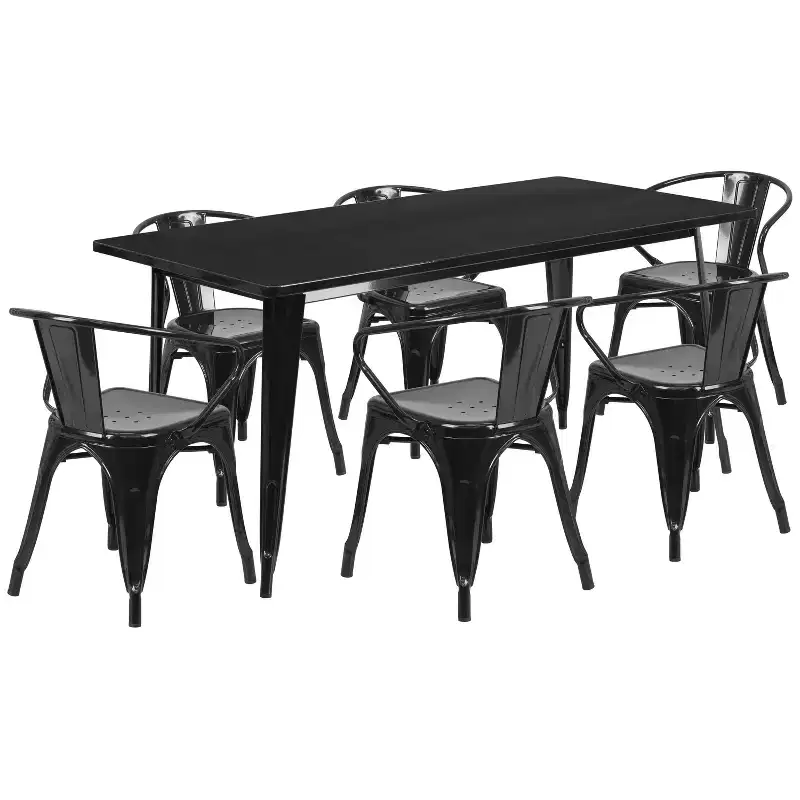 Flash Furniture Commercial Grade 31.5 x 63 Rectangular Metal Indoor-Outdoor Table Set with 6 Arm Chairs
