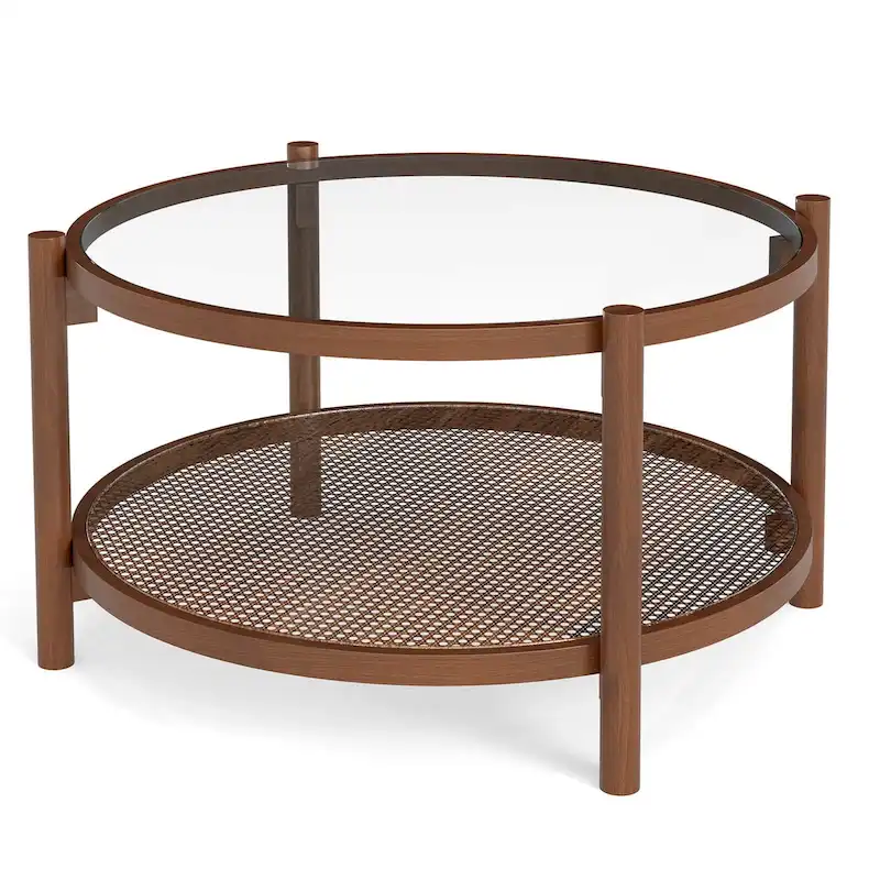 Wooden 31 Round Coffee Table with Tempered Glass Top Handmade - Cherry+Transparent