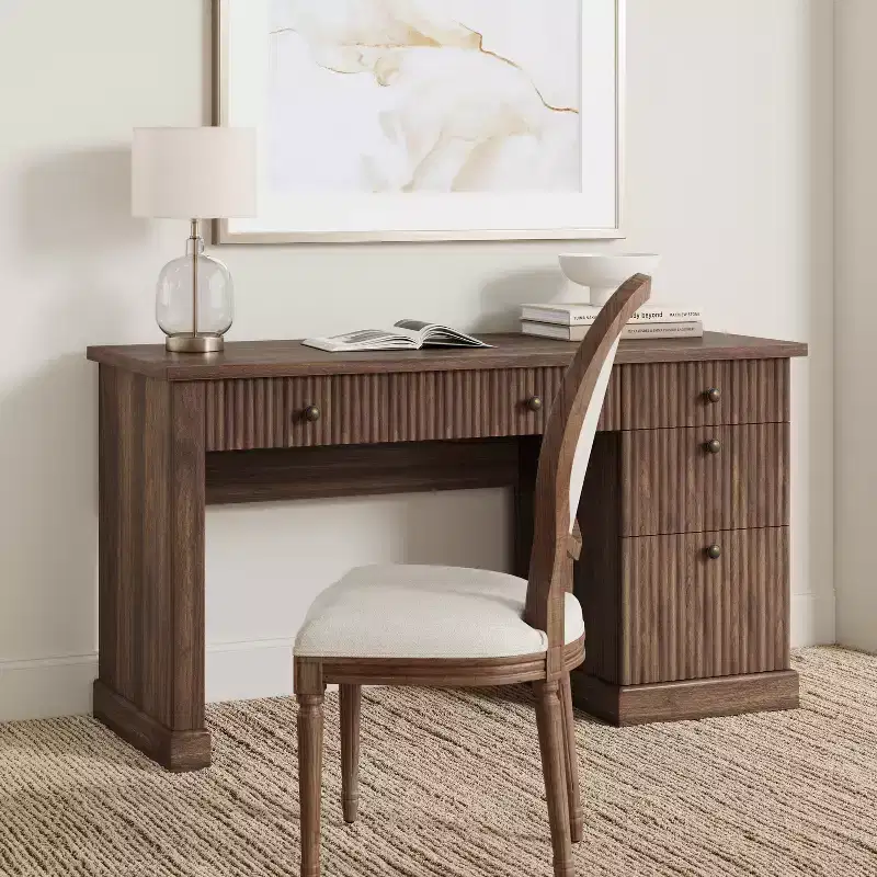 Garvee Fluted Home Office Desk Storage, 54 Modern Executive Desk with Charging Station, Wooden Computer Desk with File Drawers for Study