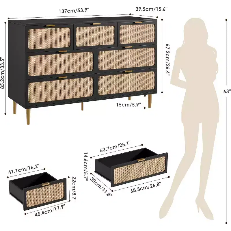 7-Drawer Rattan Dresser, Tall Wood Chest with Wide Top and Deep Storage for Bedroom, Living Room, Hallway, Black