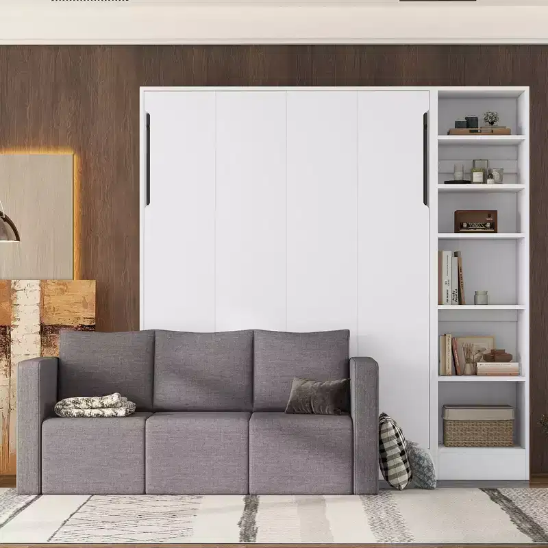 Full/Twin Size Murphy Bed Wall Bed with 3/2 Seat Sofa and Storage Shelves, White+Gray
