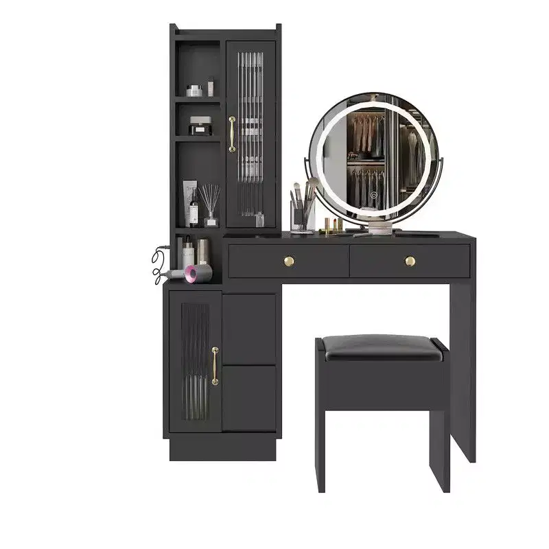 Black Linen Particle Board 4-Door 6-Drawer LED Three-Color Mirror Dresser Set with Interchangeable Left and Right Drawer Compartments