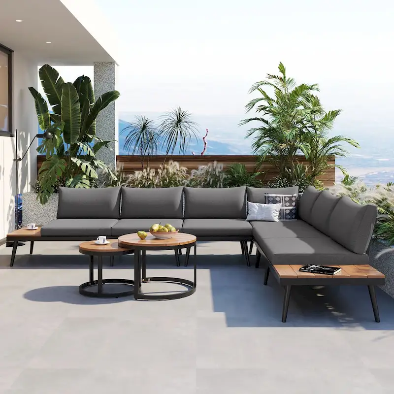 6-Piece Outdoor Sectional Sofa Set with Round Nesting Coffee Tables and Seating Sofa with Cushions for Patio, Porch and Garden